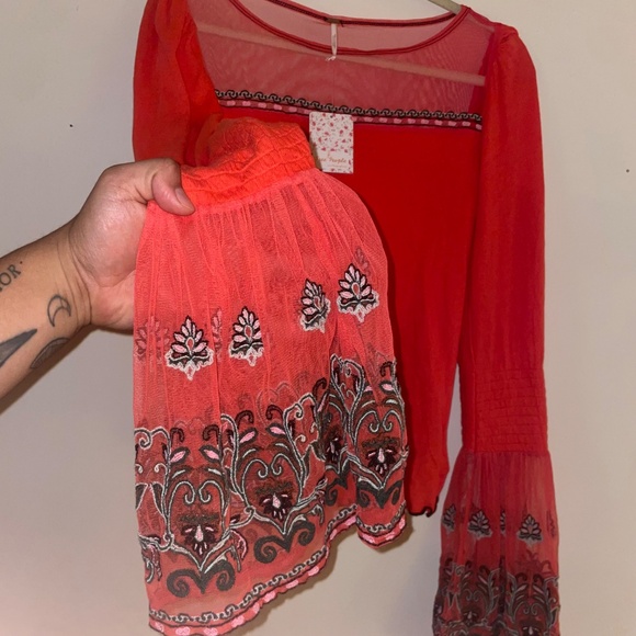 Free People High Tides Top Vibrant Orange Blouse with Bell Sleeves - Picture 6 of 9
